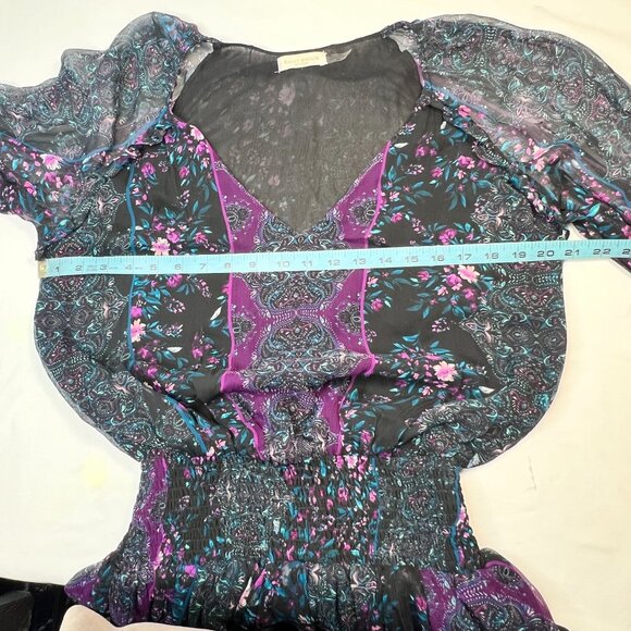 Ramy Brook Silk Ruffle Mini Dress Black Purple Paisley Floral Cocktail Boho Med - Picture 5 of 12